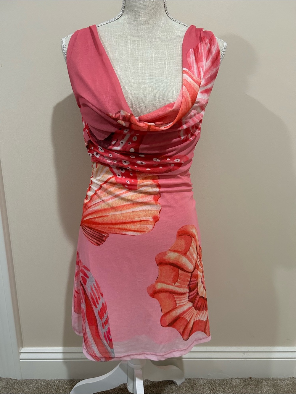 Pink Seashell Print Cowl Neck Dress